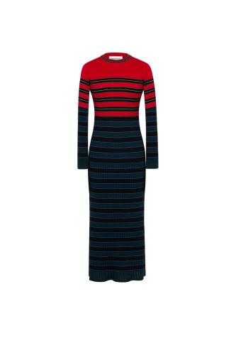 STRIPED KNITTED DRESS WITH STAND-UP COLLAR