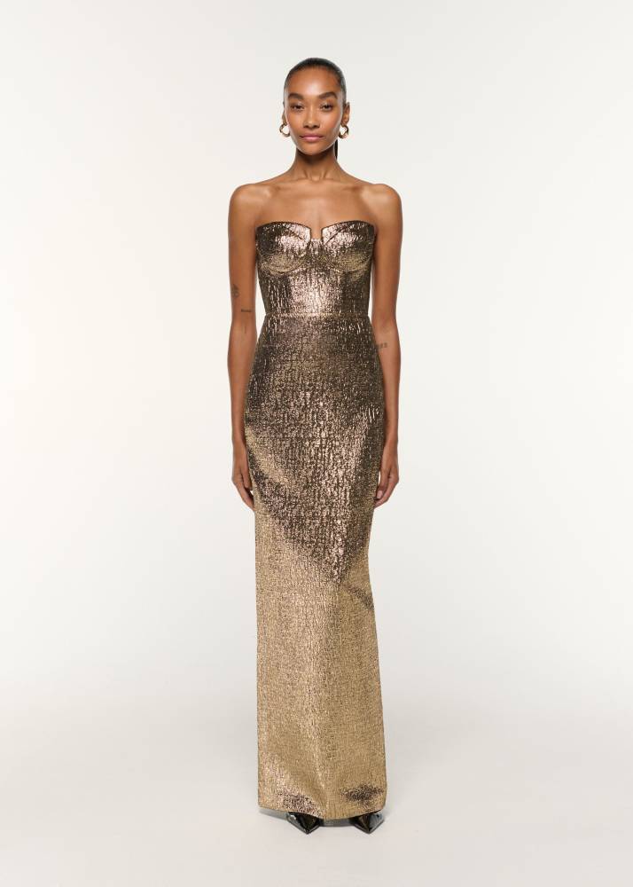 PLEATED BUST METALLIC GOWN