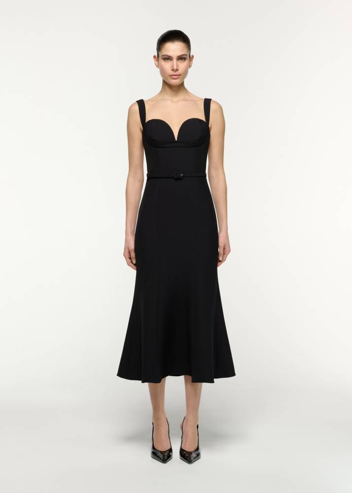 BELTED FIT AND FLARE MIDI DRESS
