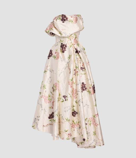 FLORAL PRINT TEXTURED SALTIN CLOUD MIDI DRESS