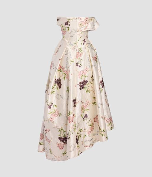 FLORAL PRINT TEXTURED SALTIN CLOUD MIDI DRESS
