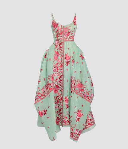 EMBROIDERED ORGANZA DRAPED MIDI DRESS