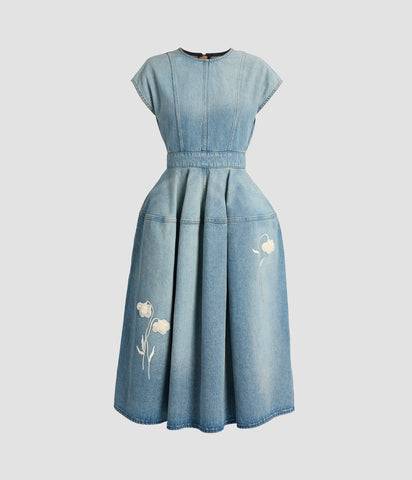 EMBROIDERED DENIM SHORT SLEEVE MIDI DRESS