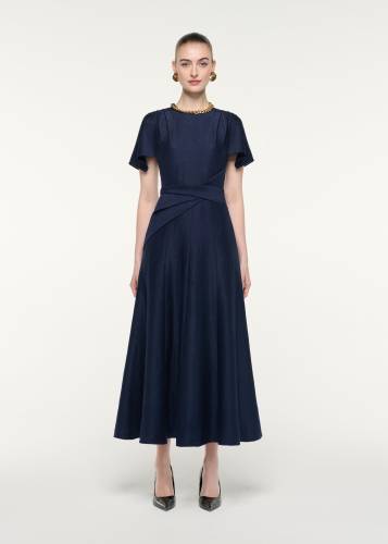 HANKERCHEIF SLEEVE MIDI DRESS WITH DRAPE WAIST