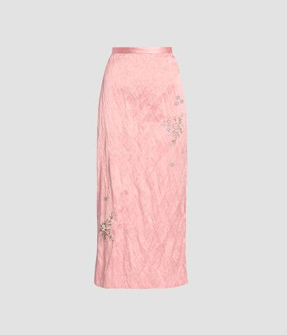 Embroidered Textured Satin Pencil Midi Skirt