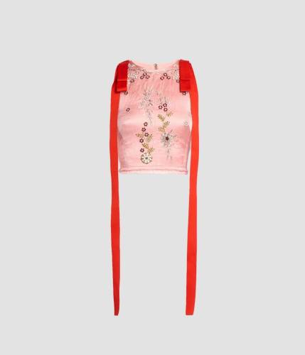 Embroidered Textured Satin Sleeveless Top